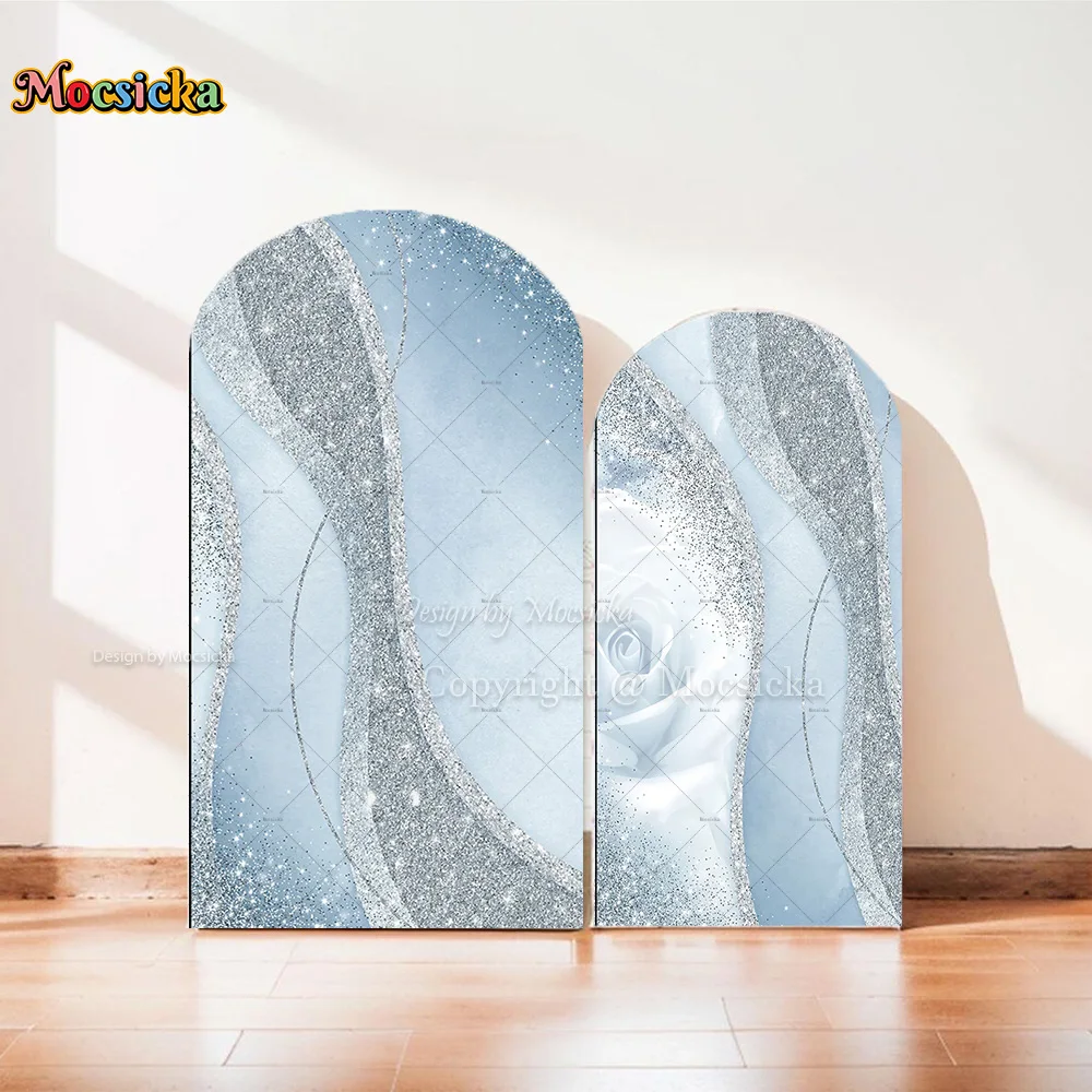 

Фон для фотосессии Mocsicka Dusty Blue Silver Glitter Arch Cover с белыми розами, для свадьбы, девичника, дня рождения, фотосессии (стиль Chiara)