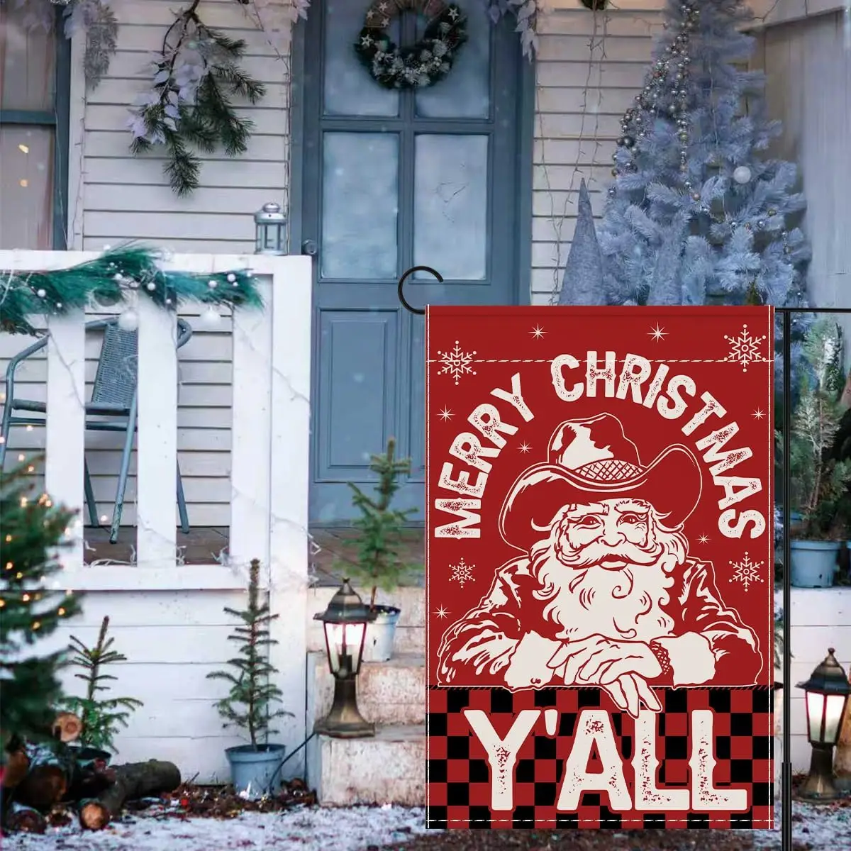 علم حديقة عيد الميلاد المجيد للخارج، علم منزل عيد الميلاد للفناء الخارجي في الحديقة وعطلة عيد الميلاد كاوبوي سانتا كلوز JHH