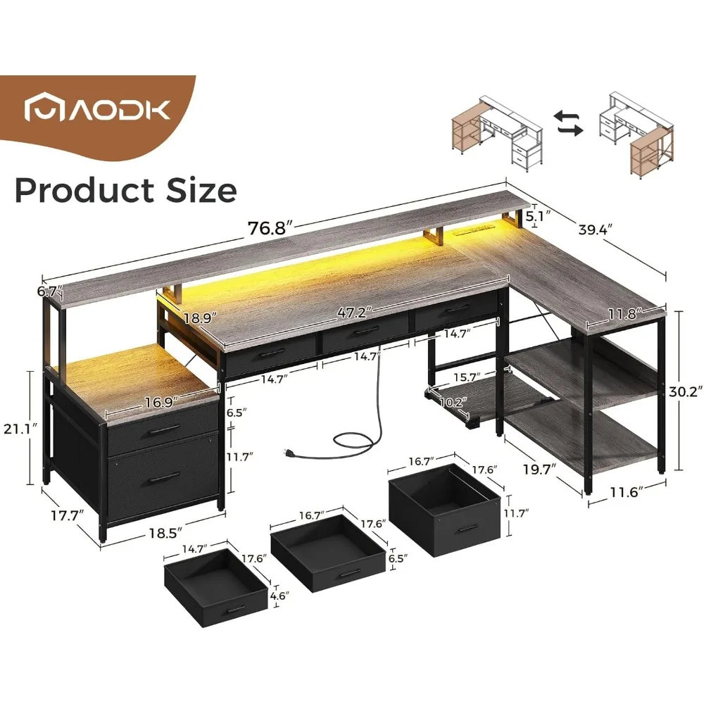 5개의 서류 서랍이 있는 L자형 책상, 75인치 양면 사용 가능한 L자형 컴퓨터 책상 (전원 콘센트 및 LED 스트립 포함), 수납 공간이 있는 사무용 책상