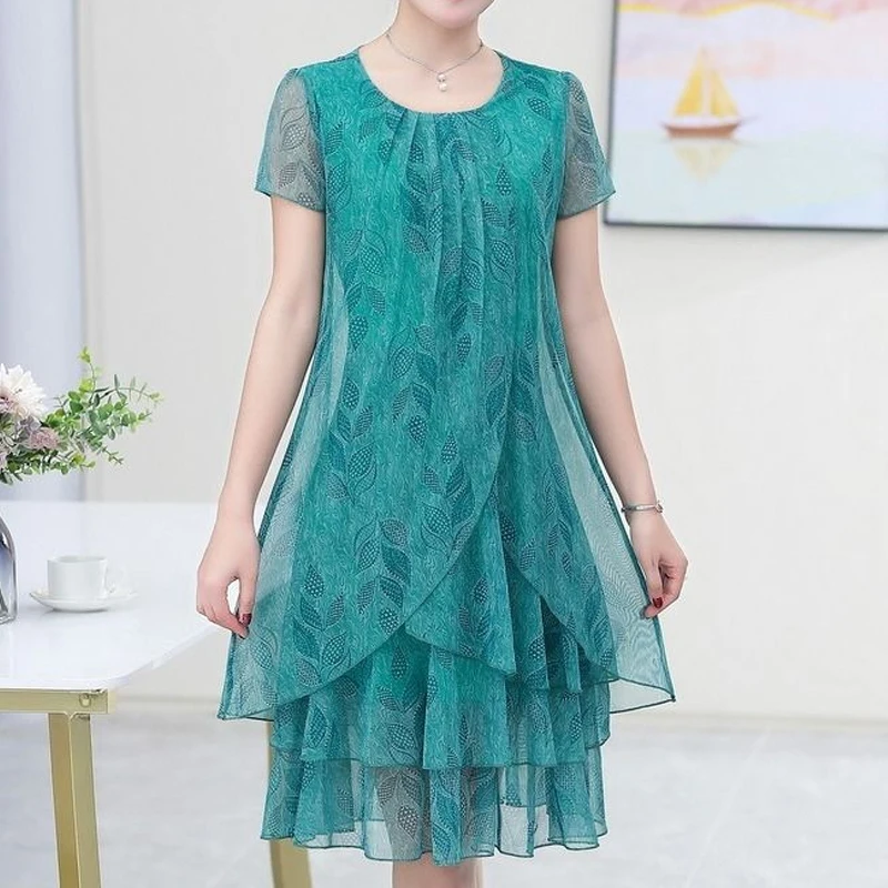 

Summer Thin Short Sleeve New Round Neck Knee Skirts Pleated Fashion Casual Patchwork Gauze Dresses Elegant Women's Clothing 2023