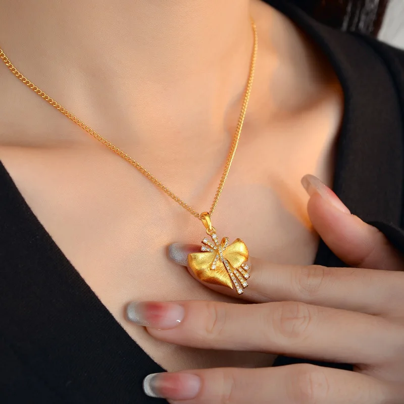 الفاخرة 24K 9999 الذهب الخالص الذهب الحقيقي المرأة نحى القوس قلادة قلادة