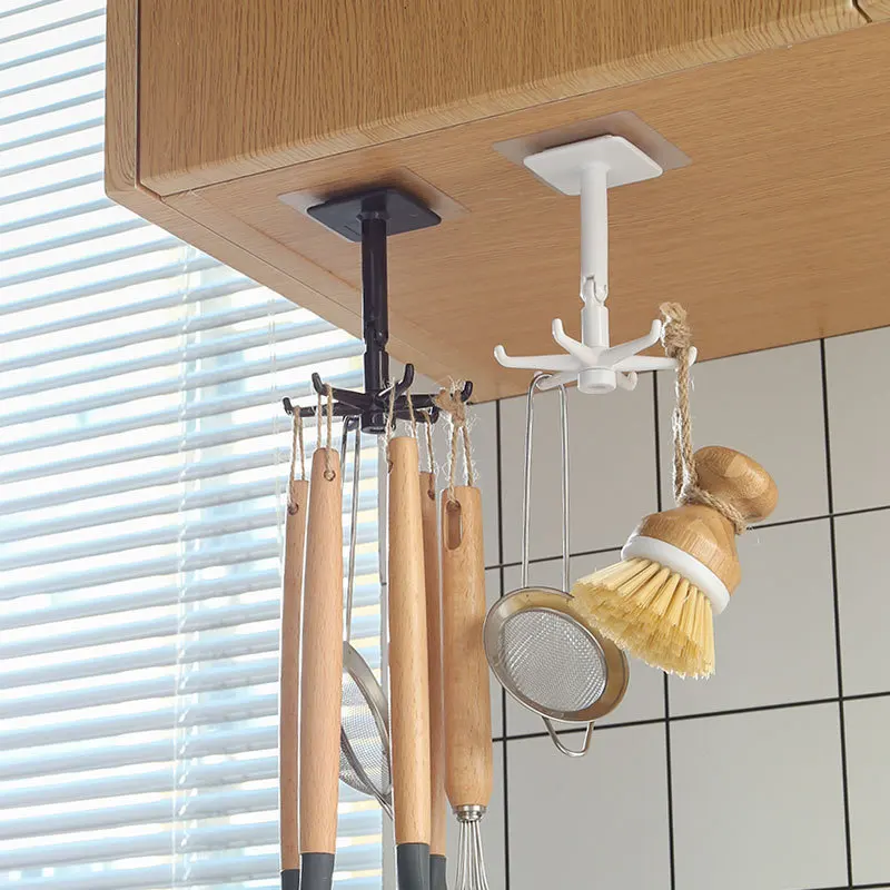 Kitchen Rotating Hook Nail-free Adhesive Hook Rack 6 Claws 360 Degree Display Rack Seamless Pot Shovel Spoon Rack