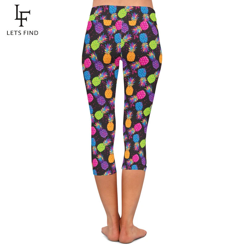 LETSFIND ฤดูร้อนใหม่ผู้หญิงเซ็กซี่ Capri Leggings 3D สีสับปะรดพิมพ์สูงเอวออกกำลังกายยืดกลาง3/4กางเกง