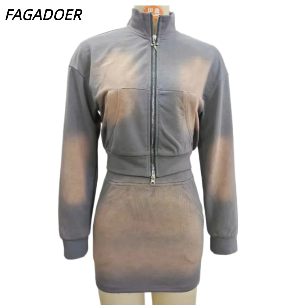 FAGADOER Pink Tie Dye Print Two Piece Sets Women Outfits Fashion Zip Pocket Long Sleeve Crop Top And High Waist Skirts Clothing — zdjęcie 7