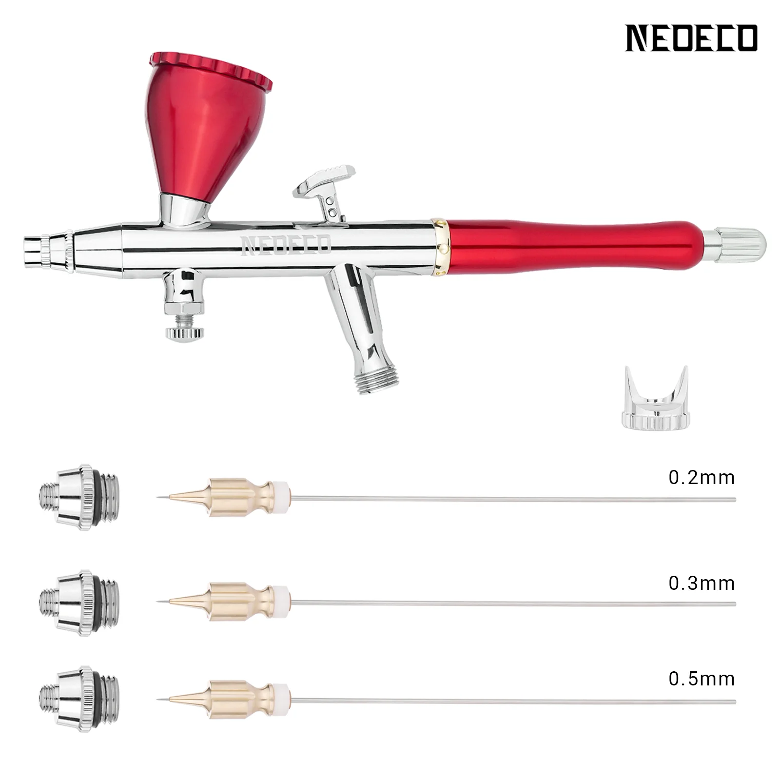 Neoeco Dual Action Airbrush Kit 0.2/0.3/0.5mm Nozzle & Needle, Fixed Cap, Square Trigger, Angled Body – Perfect for Hobby, Art