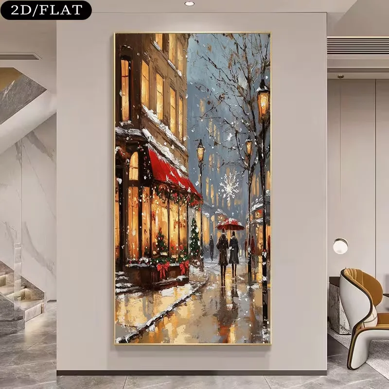 1pc frameless Canvas Painting Large Canvas Wall Art Modern Winter Wonderland Canvas Wall Painting - European Snowy Street Scene