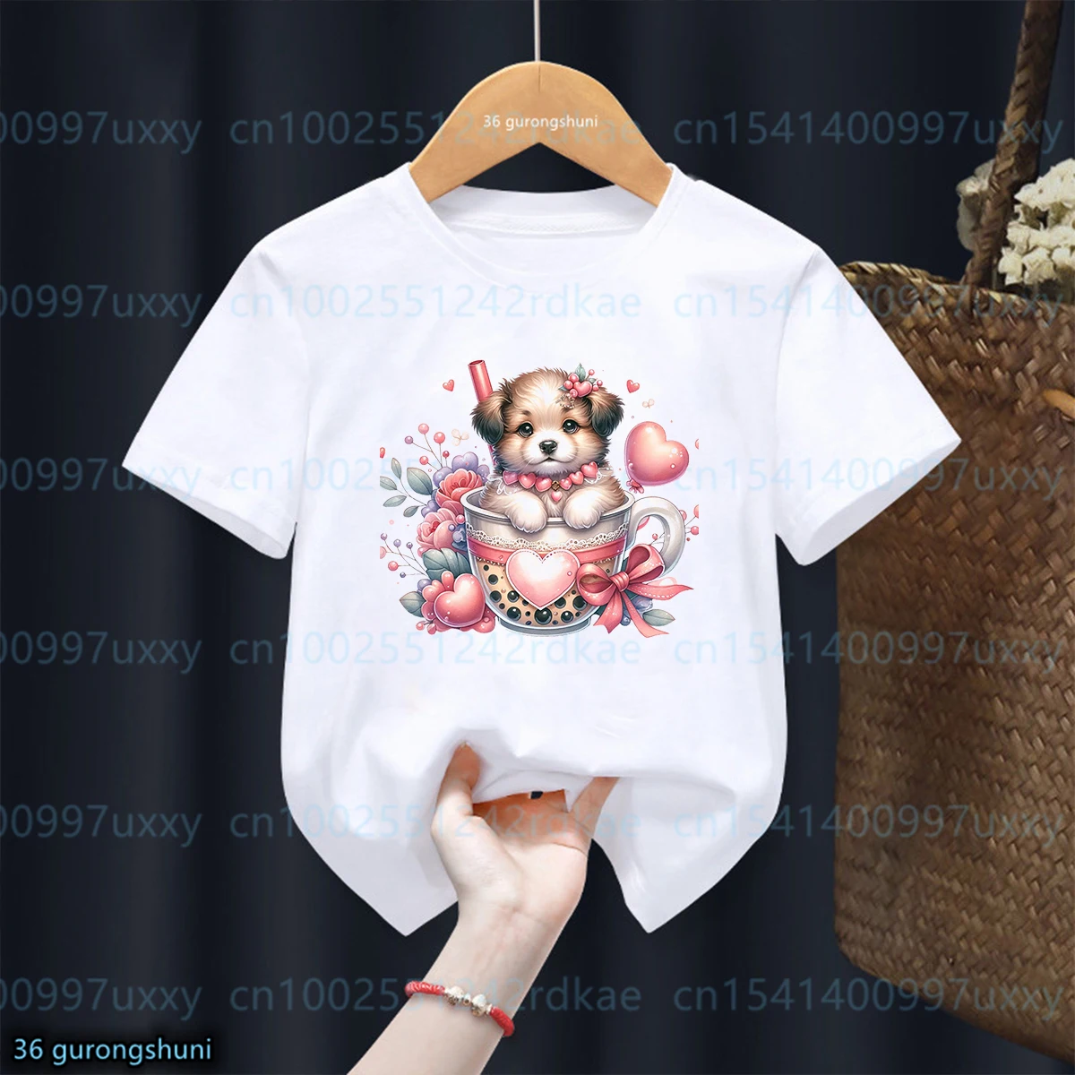 Cute Love Balloon Flowers, Dog Print Girls T-Shirt,Summer Kawaii Toddler Tshirt, Fashion Casual Boys/ Girls Universal Clothes