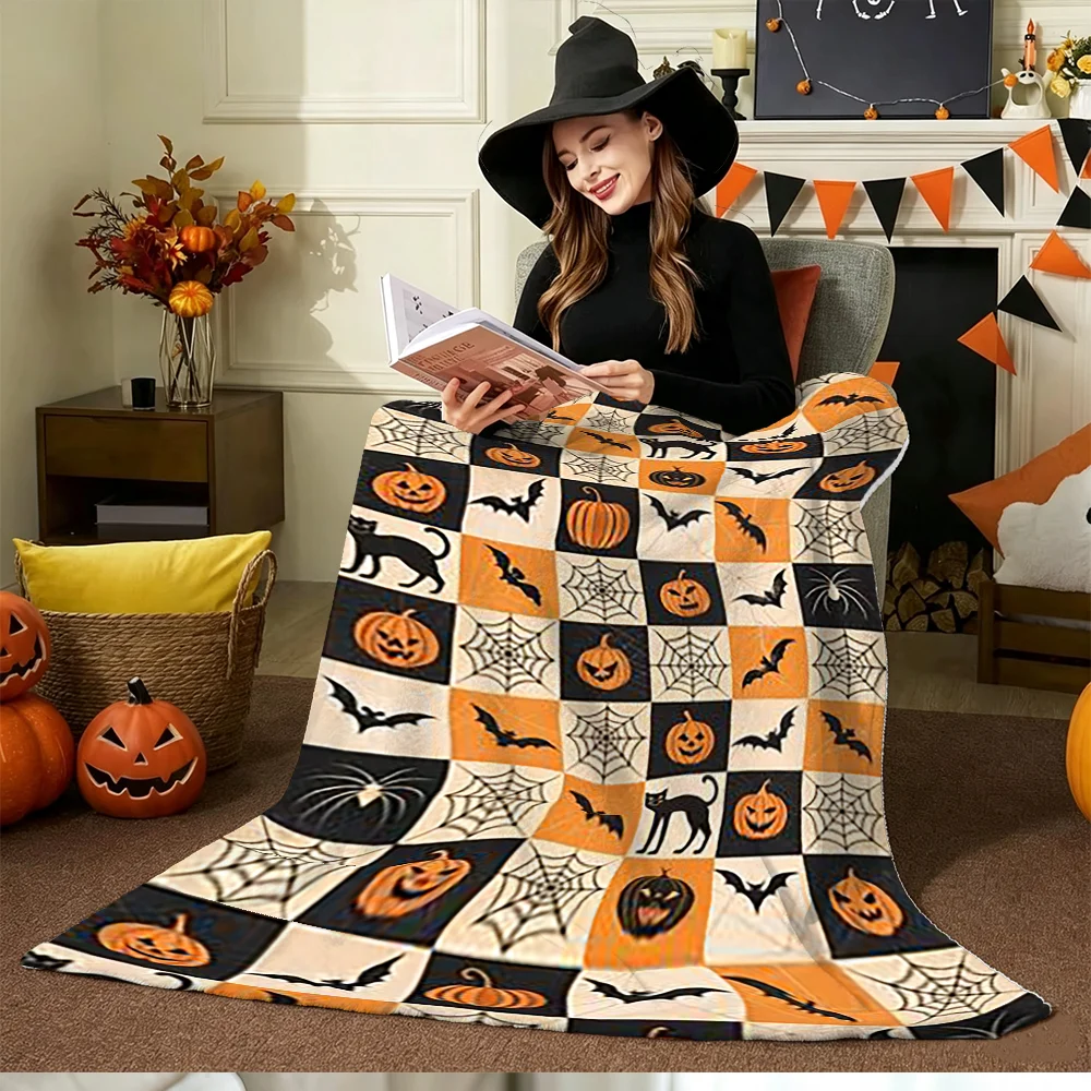 Halloween Flannel Blanket Pumpkin Bat Spider Web Black Cat Plaid Throw for Home Decor Festival Party Sofa Bed Cover