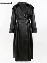 Mauroicardi Spring Autumn Long Oversized Black Pu Leather Trench Coat for Women Belt Double Breasted Loose Casual Maxi Overcoat