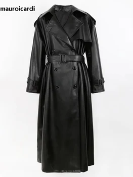 Mauroicardi-女性用ブラックPUレザートレンチコート,ロング,オーバーサイズ,ベルト,ダブルブレスト,ルーズ,カジュアル,マキシ,春,秋