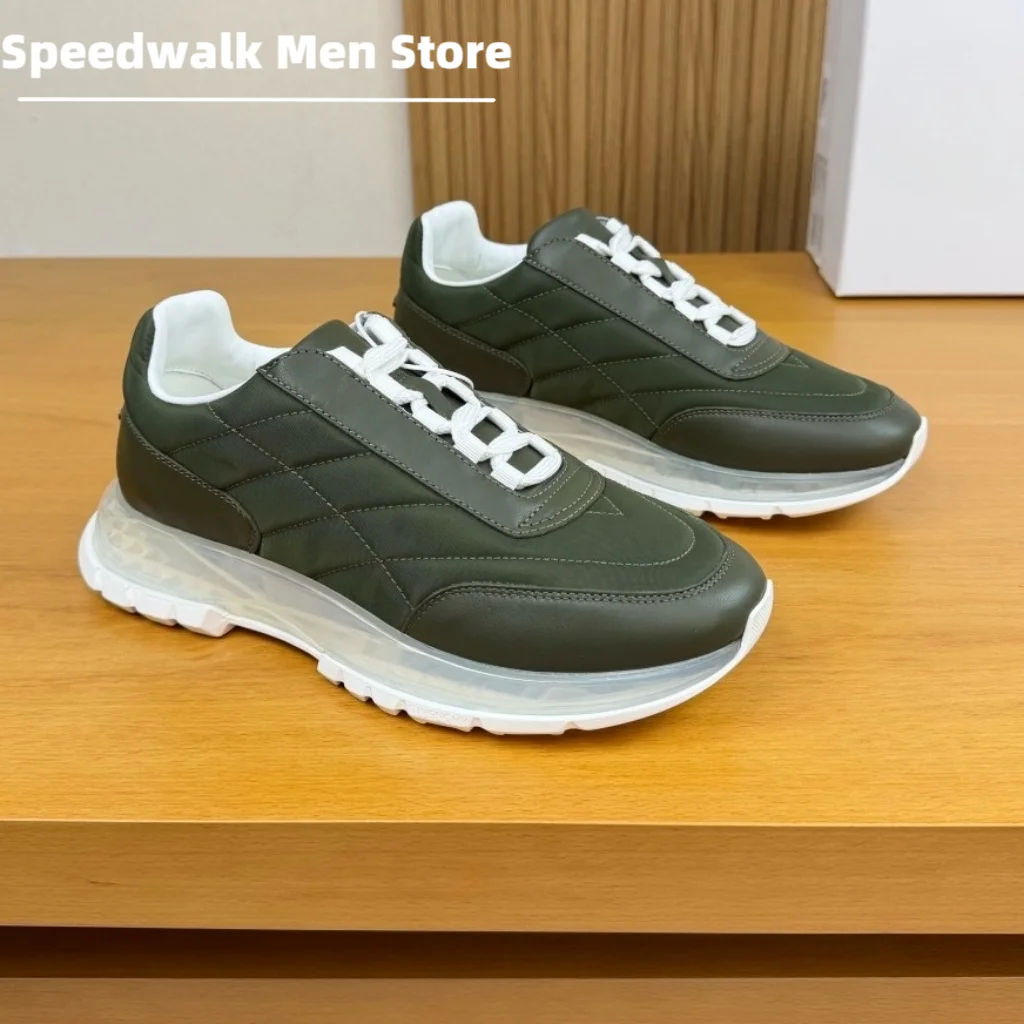 Men Four Seasons Quilted Leather Platform Sneakers Transparent Air Cushion Thick Sole Lightweight Business Casual Trainers