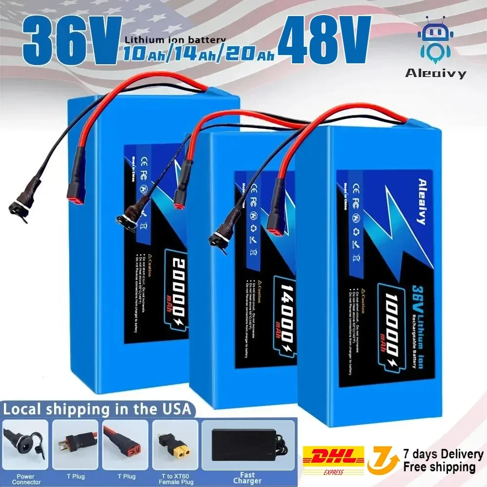 Aleaivy 36V 48V Electric Bike Lithium Battery Pack 10,14,20Ah Li ion Ebike Battery for Bicycle Scooter Motorcycle with Charger