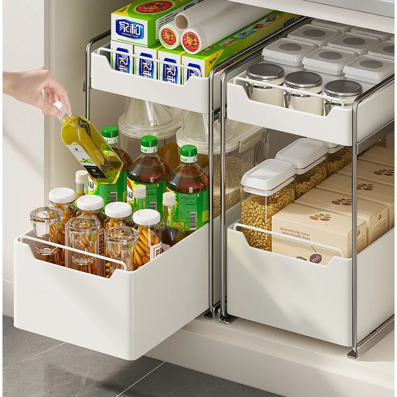 Pull-Out Type Dish Countertop Cabinet Organizer Under Sink 2 Layer Storage Racks Sliding Seasoning Bottle Holder Shelves Kitchen