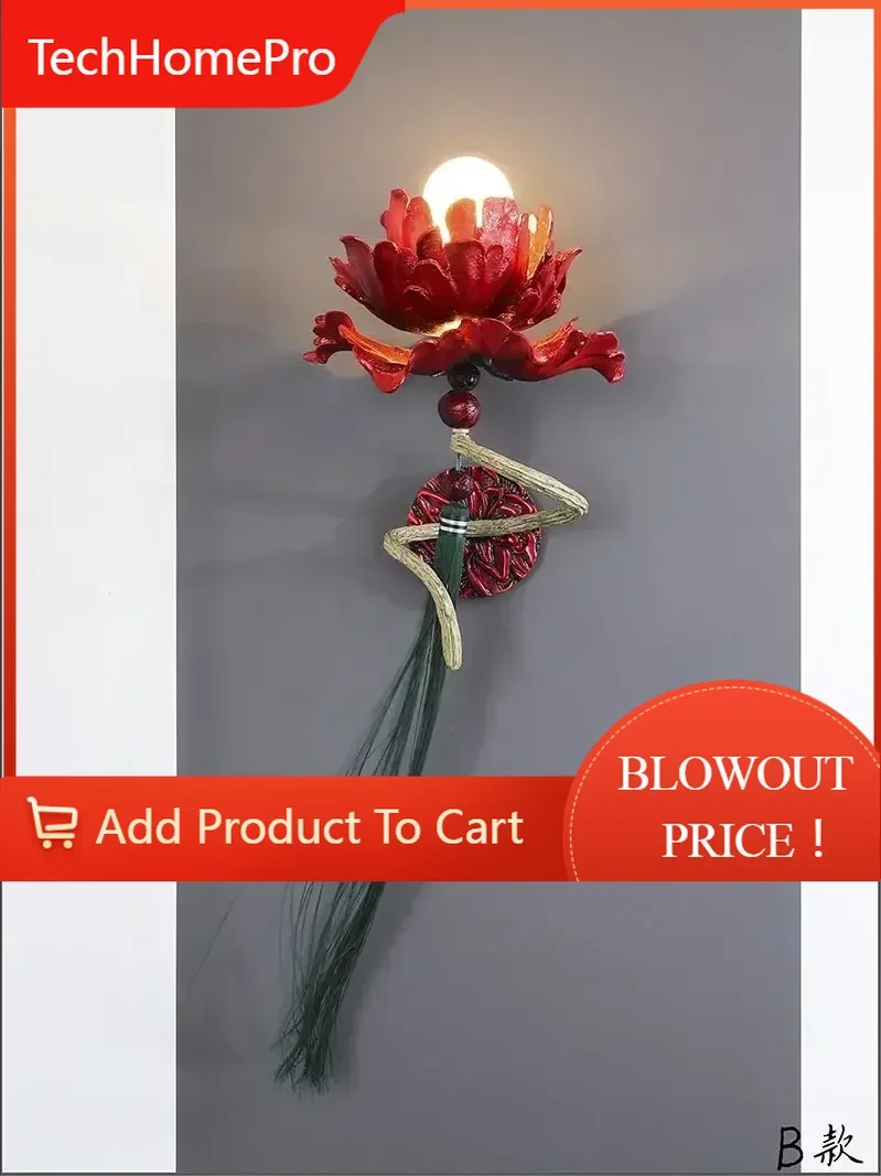 TechHPClassical Three-dimensional Peony Wall Lamp Chinese Style Antique Living Room Porch Aisle Red Lamps Traditional Hand-paint