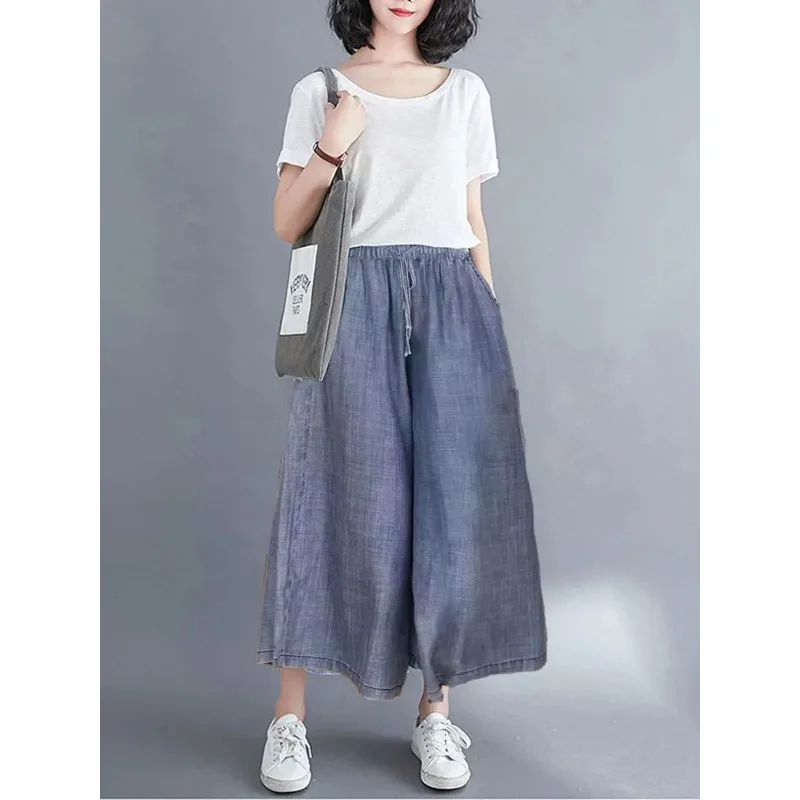 Women's Lyocell Wide Leg Pants Elastic Waist Casual Summer Culottes