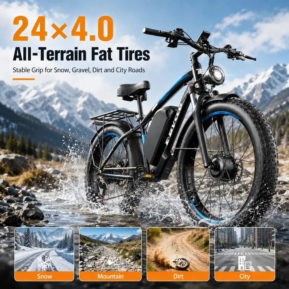 4000W Fat Tire Electric Bike 24×4.0 Mountain E Bike 52V 32Ah Dual Disc Brake Full Suspension Off Road Electric Bicycle image 2