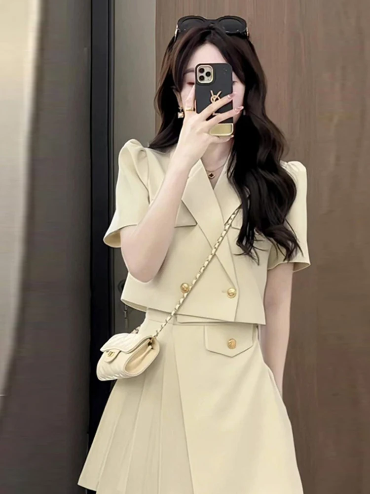 Korean Fashion 2 Piece Outfit Women Short Cropped Tops Coat Blazer Suit Jacket High Waist Mini Skirt Sets Work Style Clothing