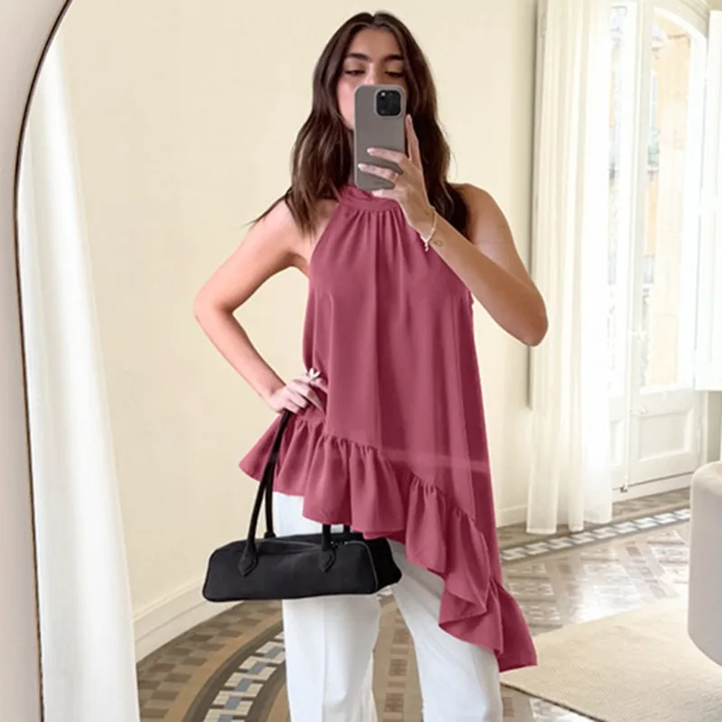 

Talenza Pink Chiffon Tops Summer Sexy Sleeveless Ruffled Irregular Vest Camisole Casual Loose Vacation Fashion Women's Tanks