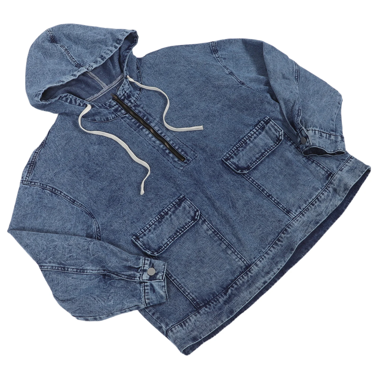 

Oversized Denim Women Blue Hooded Pullover Cozy Oversized Denim Hoodie Long Sleeve Half Zip Casual Streetwear Distressed Jean