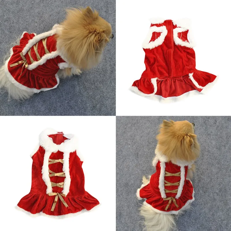 Pet Red Gold Ribbon Christmas Dress Gift Winter Cat And Dog Clothing Velvet Warm Pet Clothing