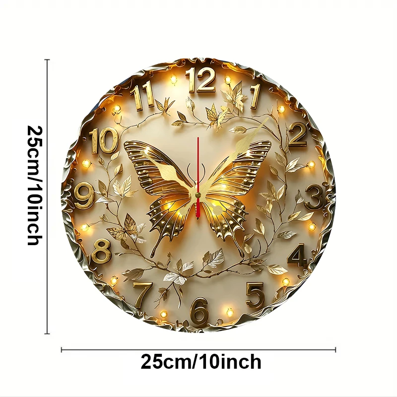 Golden Butterfly Wooden Round Silent Hanging Wall Clock, Suitable For Living Room, Office, Study Room, Bedroom, Home Decoration