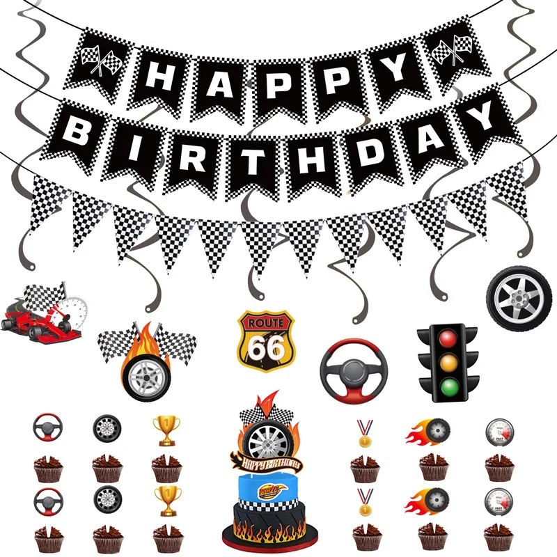 Rennwagen-Party-Banner, alles Gute zum Geburtstag, Papierschnur-Banner, Auto-Thema, karierte Flagge, Wimpel für Erwachsene, Haustiere, Geburtstagsparty-Dekoration