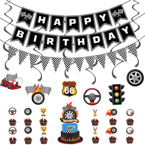 Race Car Party Banner Happy Birthday Paper String Banner Car Theme Checkered Flag Pennants for Adults, Pets Birthday Party Decor