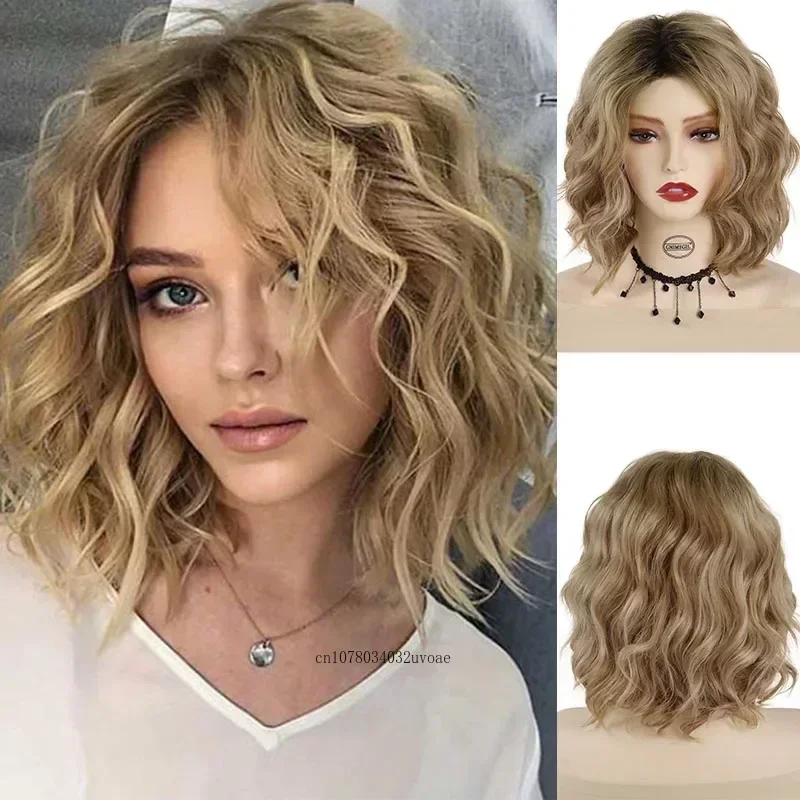 Synthetic Hair Short Curly Wigs White Women Dark Roots Honey Blonde Drag Wig Natural Wave Hairstyles Lady Wig with Side Bangs