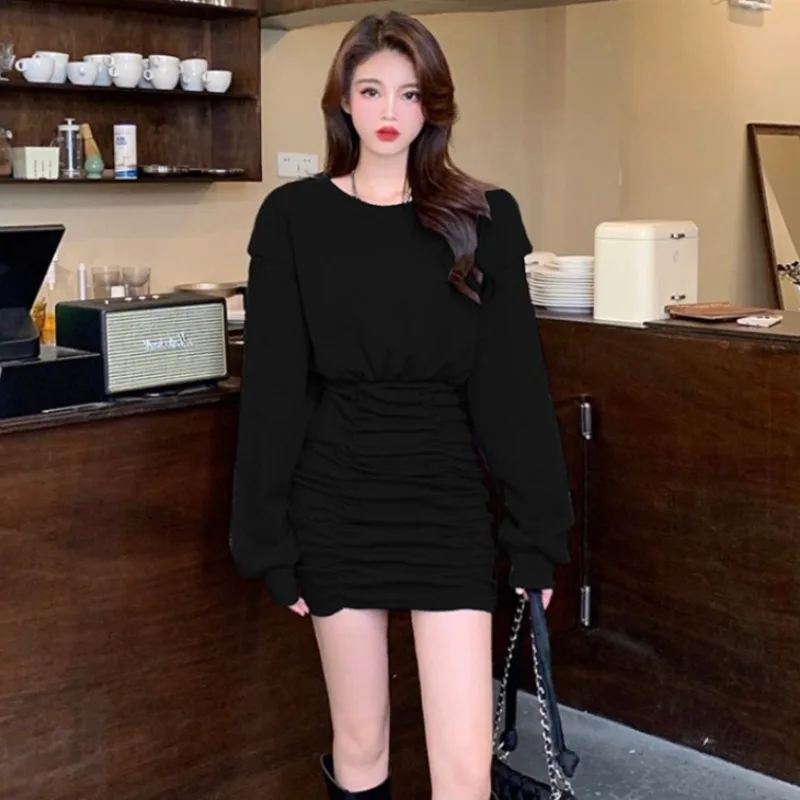 Ruched O Neck Long Sleeve Bodycon Dress Women Solid Draped Mini Dresses Korean Style OL Spring Summer Fashion Party Vestidos