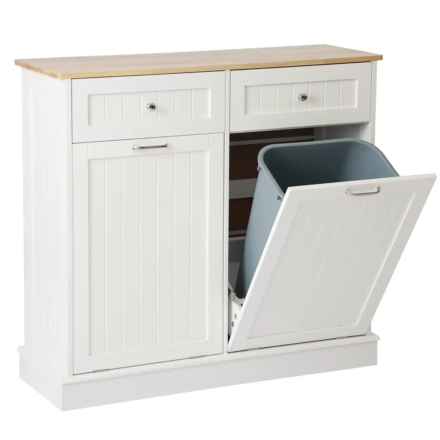 Tilt Out Trash Can Cabinet with Double Hidden Trash Can Holder Free Standing Kitchen Recycling Cabinet Dog Proof Design