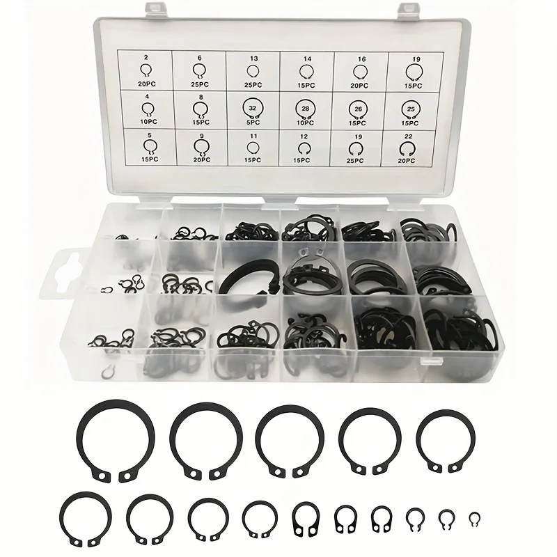 300-Piece Set of Black Carbon Steel Shaft and Bore Retaining Ring Assembly, Inner and Outer Snap Ring and Snap Ring Kit