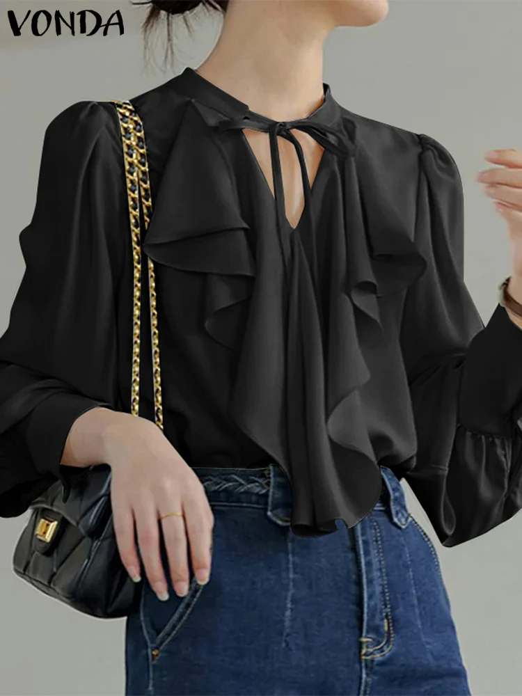 

Casual Solid Color Ruffled Lace Up Long Sleeve Cover Shirts 2025 VONDA Bohemian Tops Elegant Long SLeeve Blouse Oversized Blusas