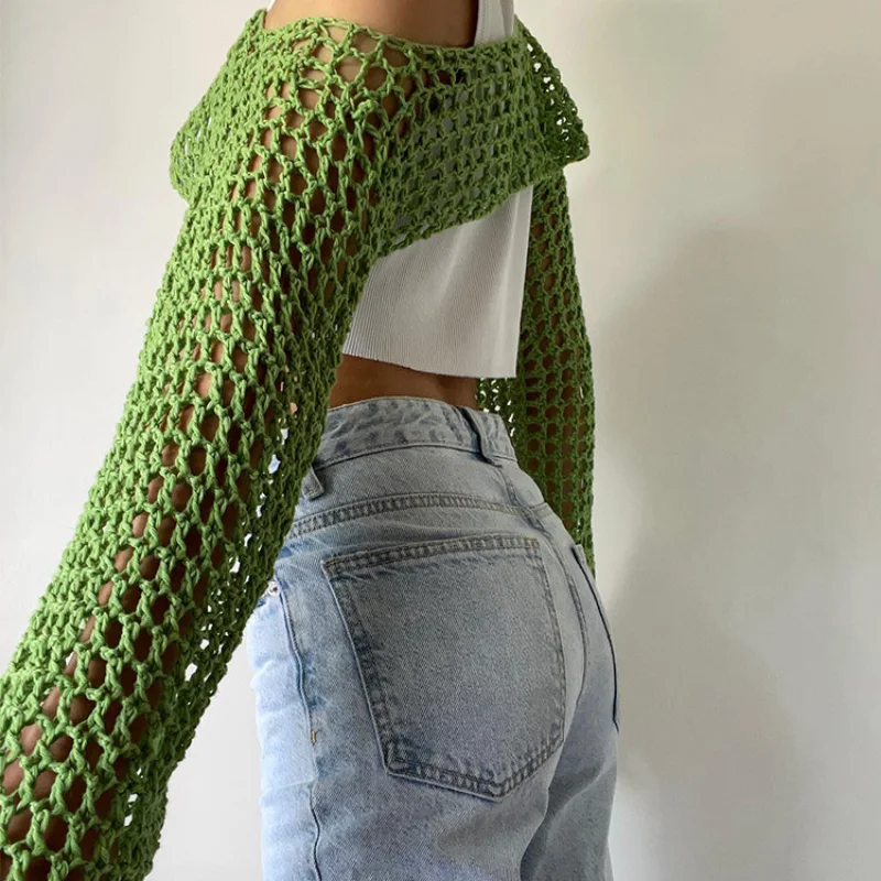 Summer Green Long Sleeve Smock Knitted Crop Top Women Y2k Beach Sexy Backless Hollow Out T Shirts Party Casual Aesthetic Clothes