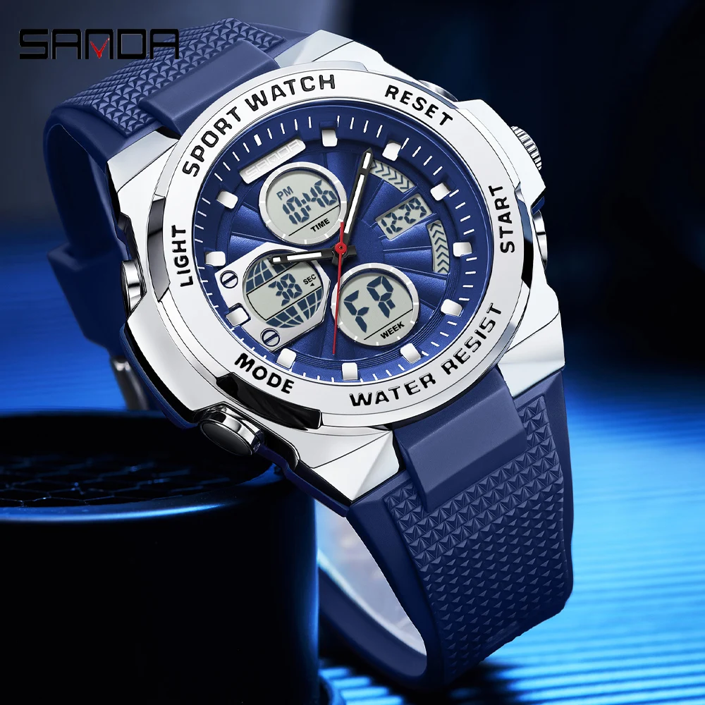 SANDA Luxury Sport Wrist Watch for Men Original Quartz Silicone Waterproof Dual Display Military Man Watches Relogio Masculino