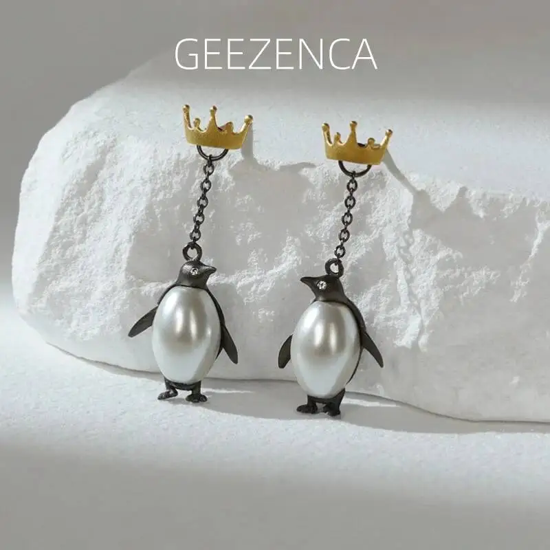

Серьги GEEZENCA из стерлингового серебра 925 пробы с жемчугом, 3D-изображением императорского пингвина, для женщин, в форме короны, милые, модные, висячие, в подарок