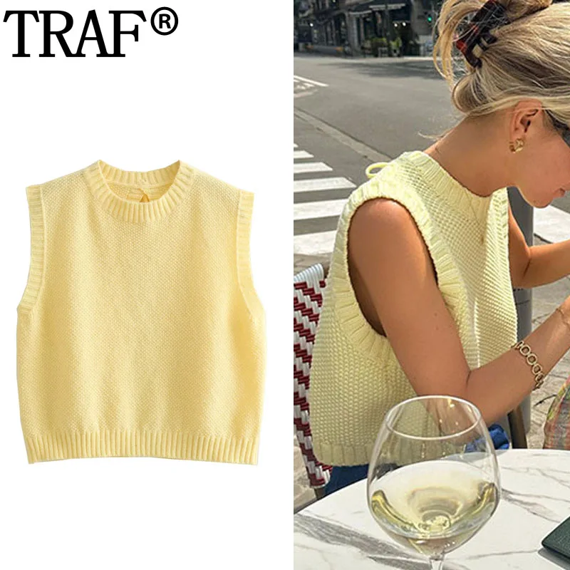 TRAF 2023 Backless Knitted Vest Women Yellow Crop Top Female Y2K Sleeveless Vest Woman Autumn Cropped O-Neck Pullovers Jerseys