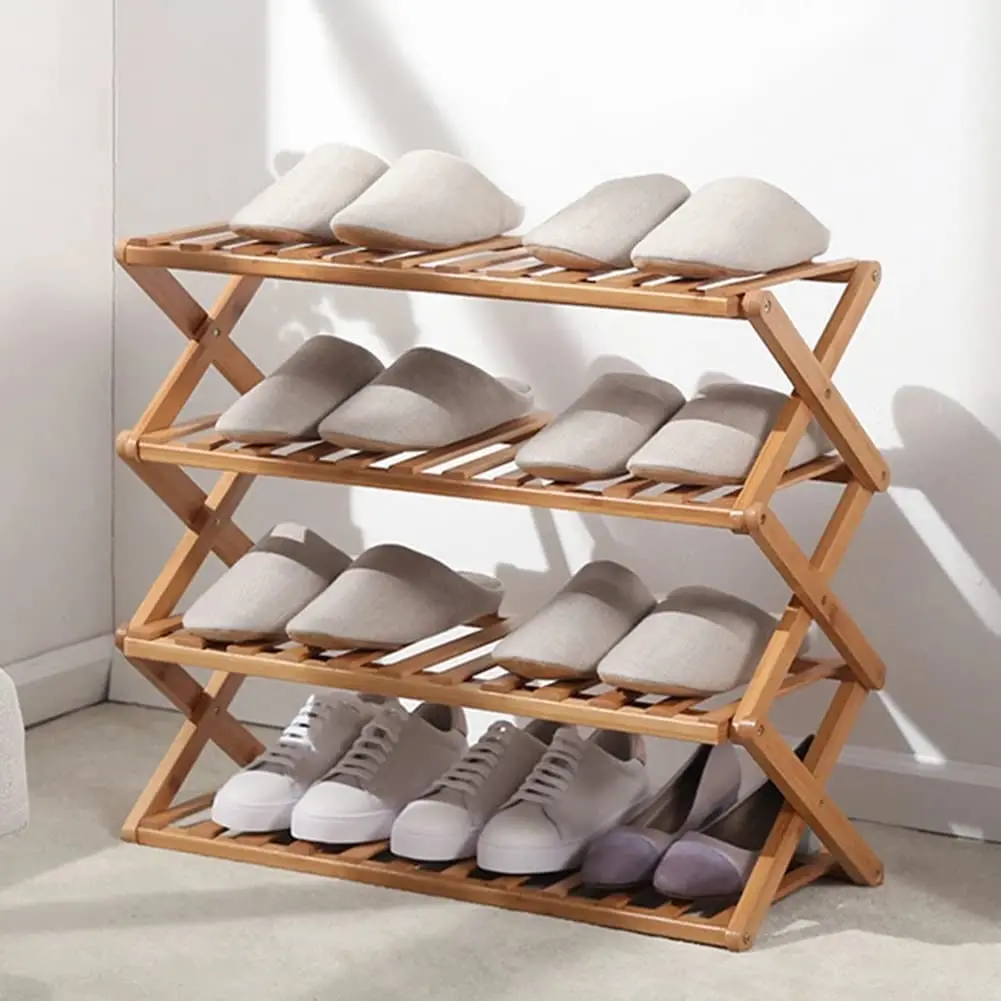 Simple Doorway Shoe Organizer, Natural Bamboo Storage Shoes Rack 4 Layer