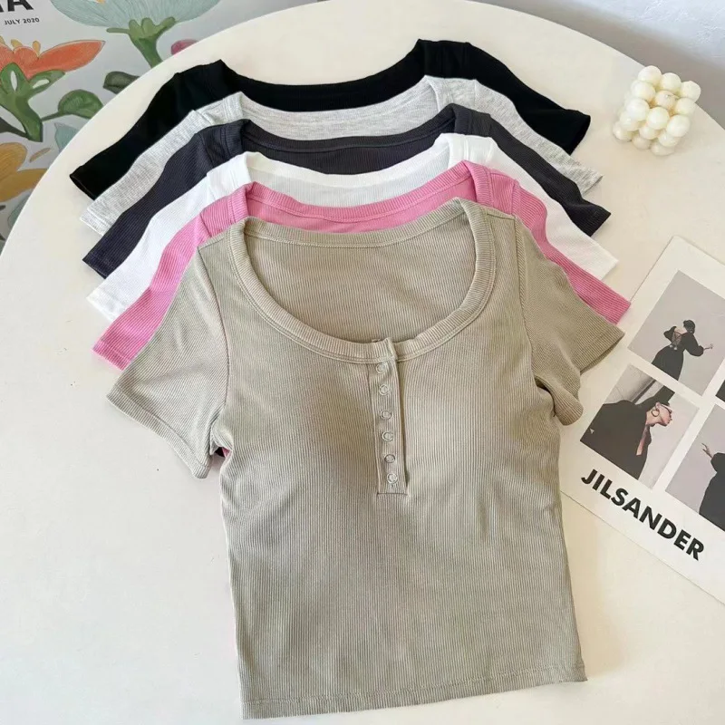 Cotton Short-sleeved Button-down Design Beautiful Suspender Chest Pad Slimming Sexy Slimming Top Майка С Бюстгалтером