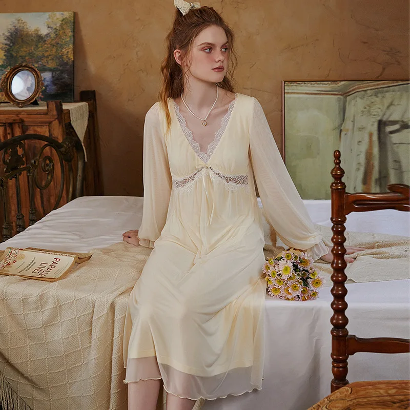 Vintage Solid Color Night Dress Spring Autumn Lace Long Nightdress Women Mesh Sexy V Neck Nightgown Princess Sleepwear Nightwear