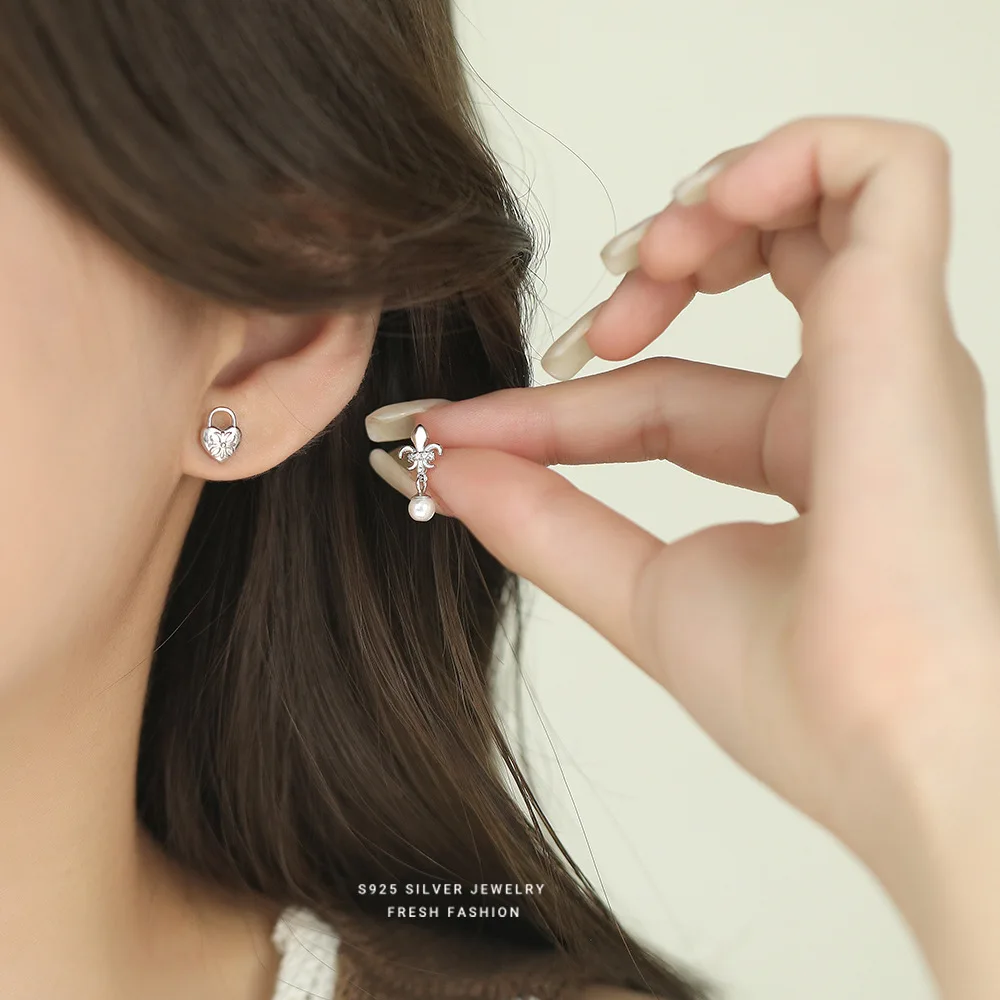 أقراط قفل الحب من الفضة الإسترليني عيار 925 للنساء هدية مجوهرات أذن غير متماثلة متعددة الاستخدامات من اللؤلؤ الكوري #3