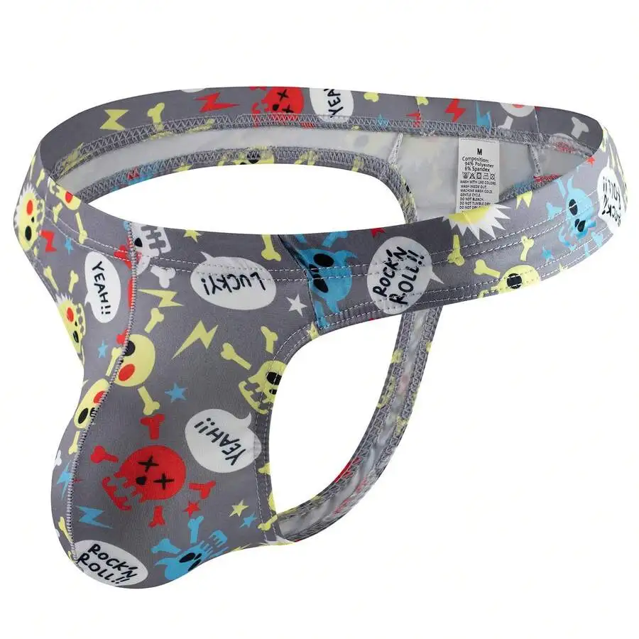

Mens Low-Waist Thong Underwear With Cartoon Skull Print Polyester Breathable