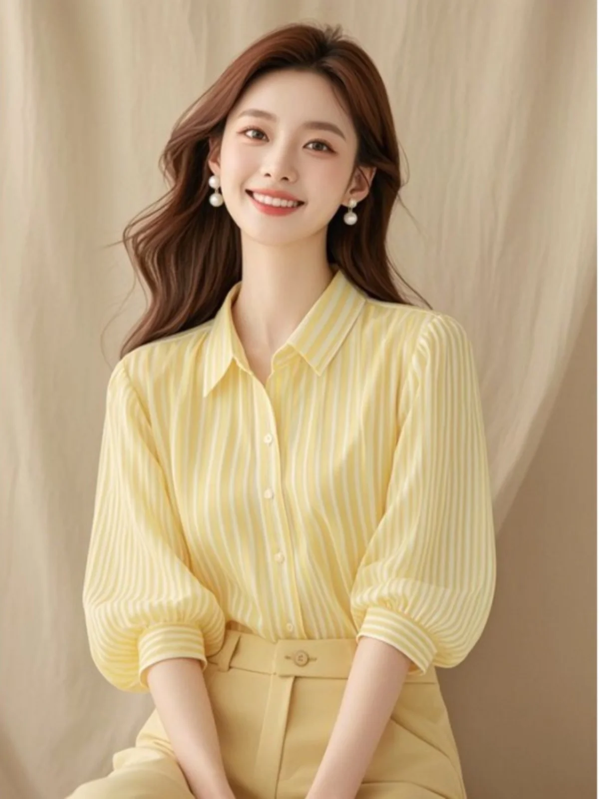 Camisa de Manga Corta con Cuello Amarillo y Rayas, Protección Solar, Diseño Único y Súper Hermoso, Primavera Verano 2026...