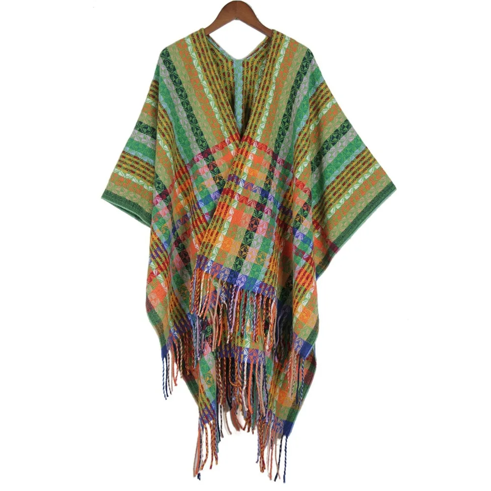 Fashion Bohemian Mongolian Poncho Ethnic Style Keep Warm Stripe Tassel Shawl Gradient Color Winter Knitted Cape for Women