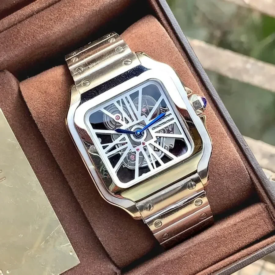 أزياء 40mm رجالي كوارتز جوفاء ووتش الفولاذ المقاوم للصدأ الأزرق جلدية مربع ساعة اليد أزياء الساعات للرجال