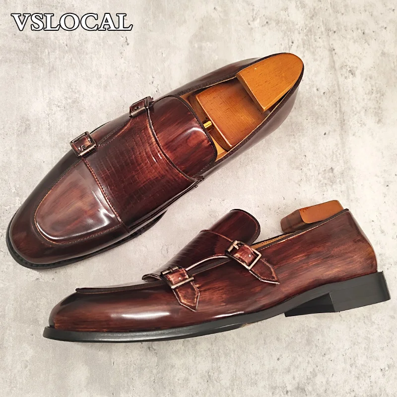 Luxury Men's Loafers Slip On Brown Black Buckle Strap Monk Shoes Wedding Party Patent Leather Casual Dress Shoes For Men