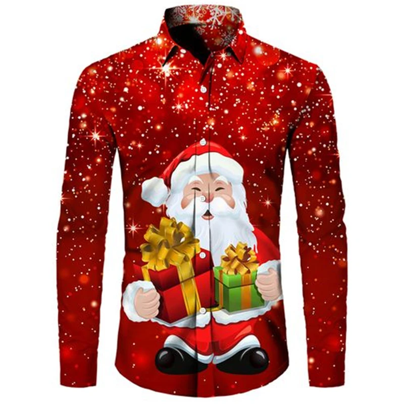 

New Design Men's Christmas Shirts 3d Print Santa Claus Pattern Long Sleeve Shirt Men Fall Fashion Party Holiday Men Clothing Top