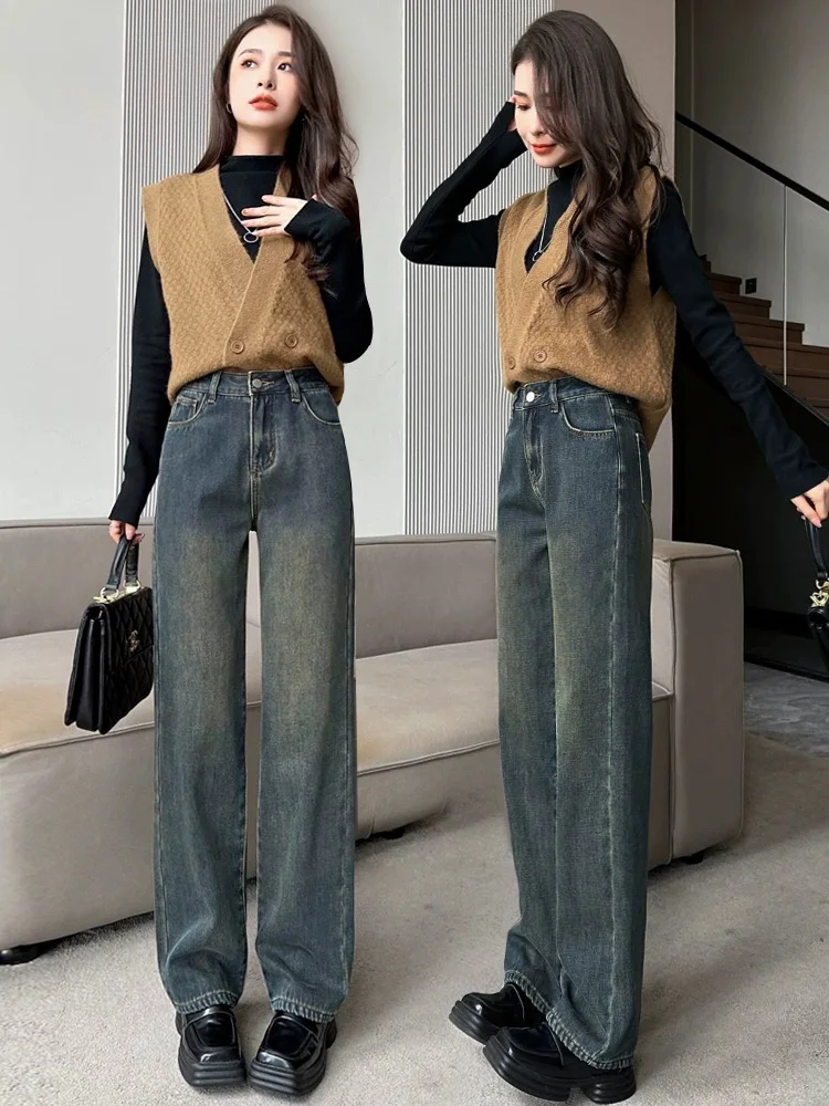 

Прямые джинсы с высокой талией, женские новые 2026, весна-осень-зима, маленький размер 50 см, облегающие широкие брюки, цементные брюки