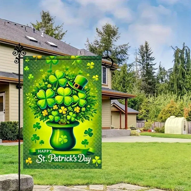 1pc, Shamrock Green Hat Canister Pattern Garden Flag, St. Patrick's Day Theme, Double-Sided Print, Polyester Material