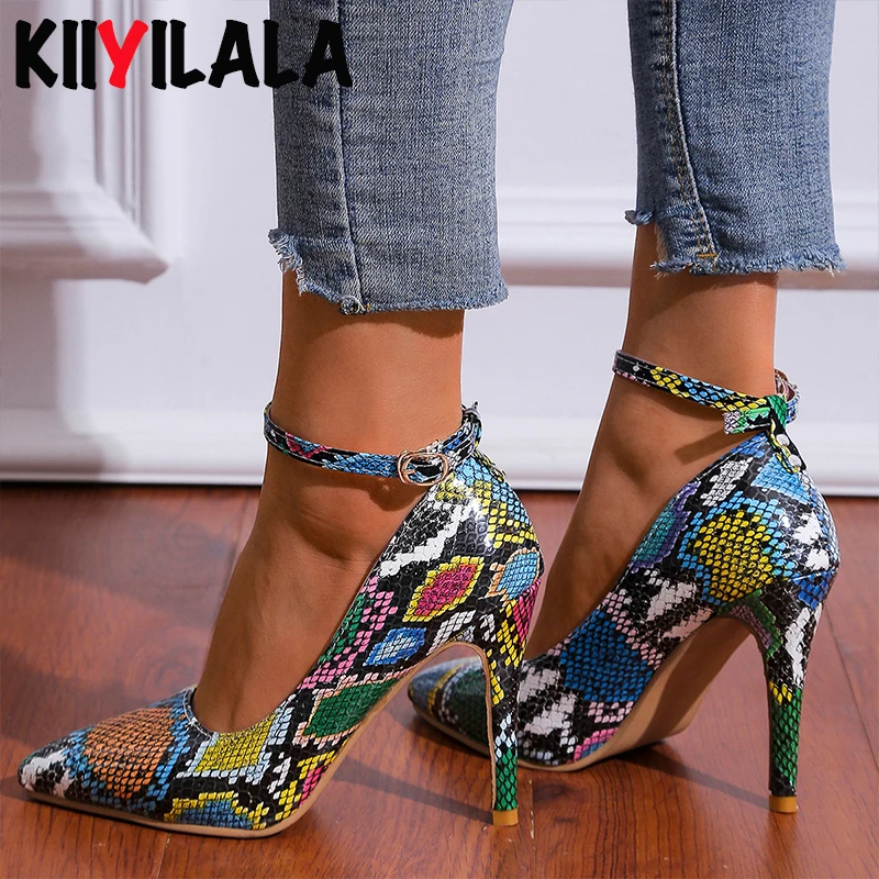 Kllyilala Sexy Snakeskin Buckles  Leather Women Pumps Pointed Toe High Heels Dress Shoes Slip-on Patchwork Wedding Party Dress