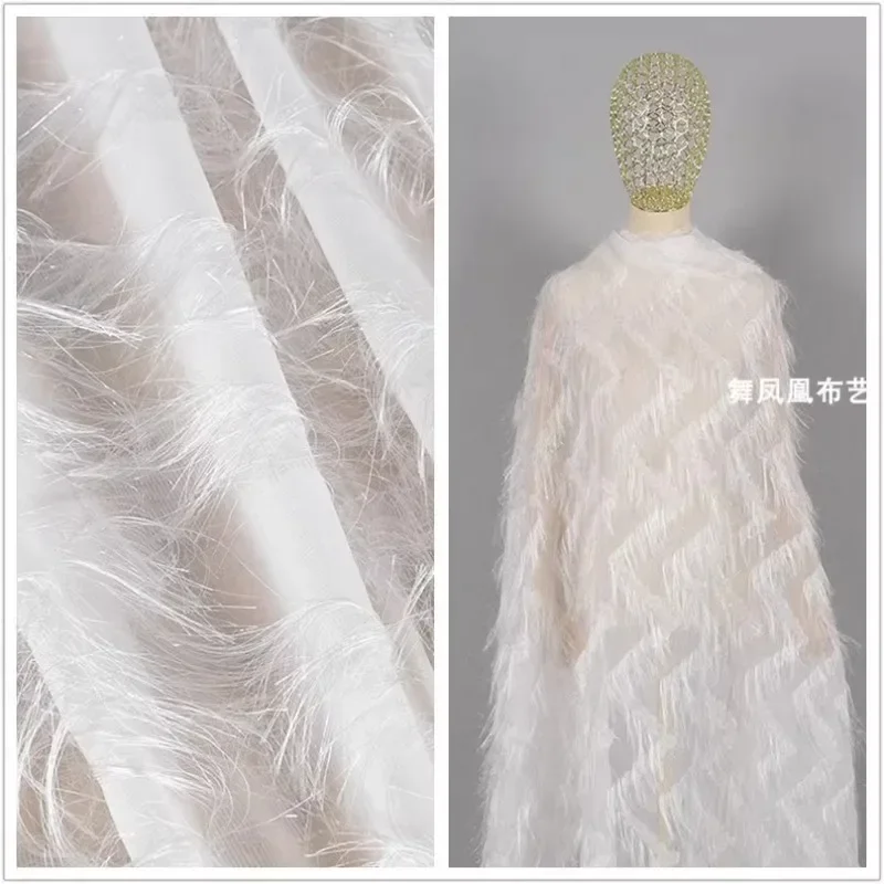 Jacquard Chiffon Fabric White Tassel Feather Dress Fashion Apparel Sewing Fabric Wholesale Cloth for By The Meter Diy Material